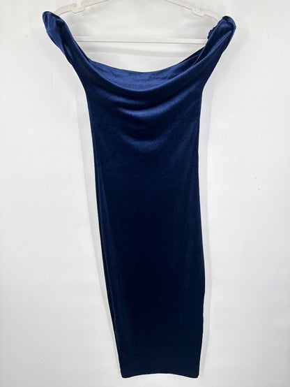 women Club L London Carella Navy Velvet Twisted Asymmetric Midi Dress Navy Blue Dress US 4