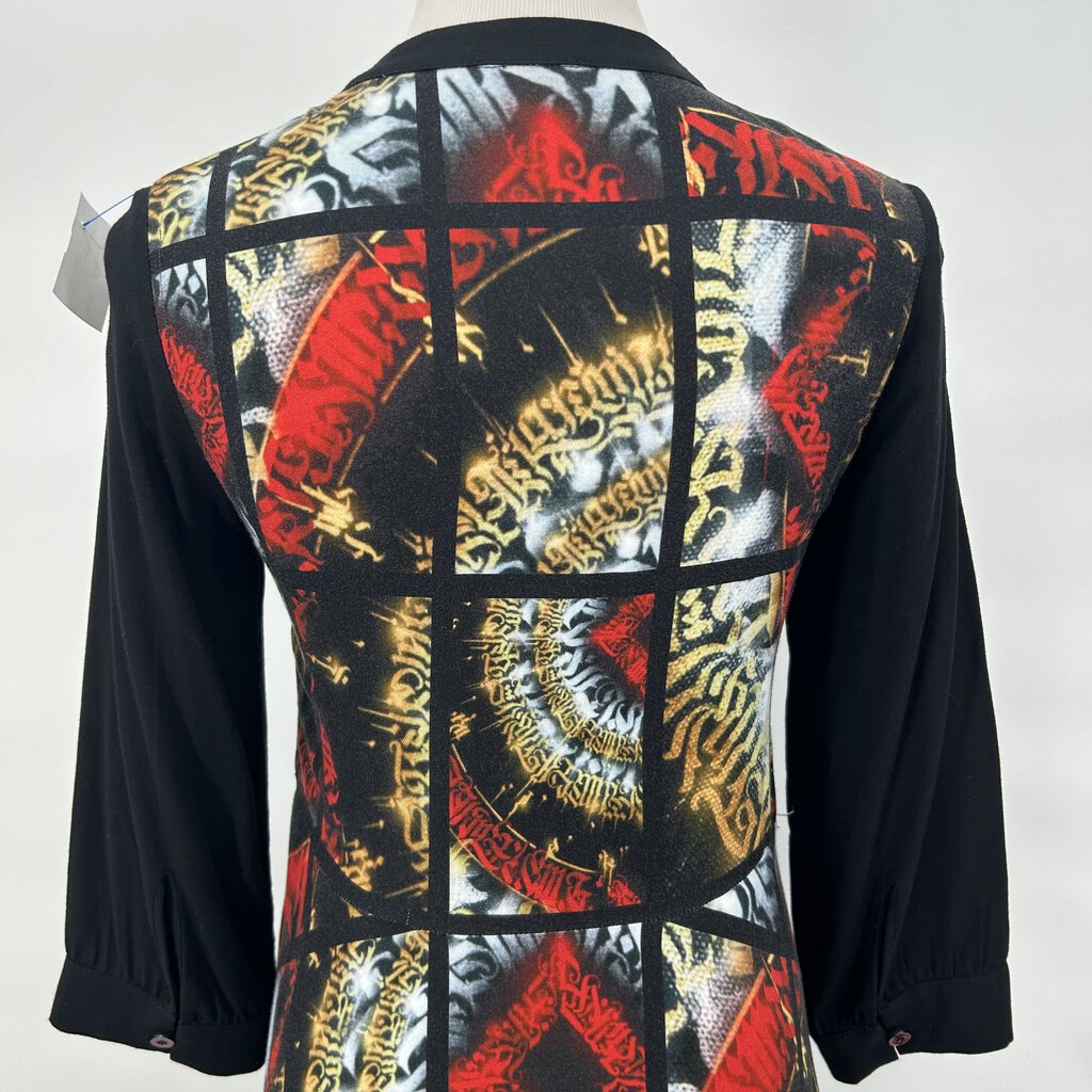 women Aventures des Toiles Aventures des Toiles Black, Red and Gold Colorblock Asymmetrical Shirt Dress Women's Size 36/US 4 Black/Red/Multi Dress M