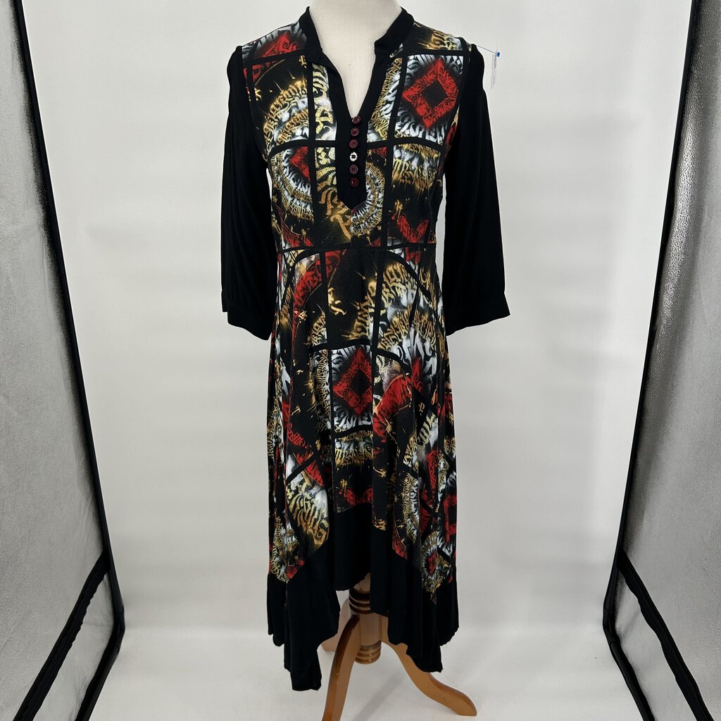 women Aventures des Toiles Aventures des Toiles Black, Red and Gold Colorblock Asymmetrical Shirt Dress Women's Size 36/US 4 Black/Red/Multi Dress M