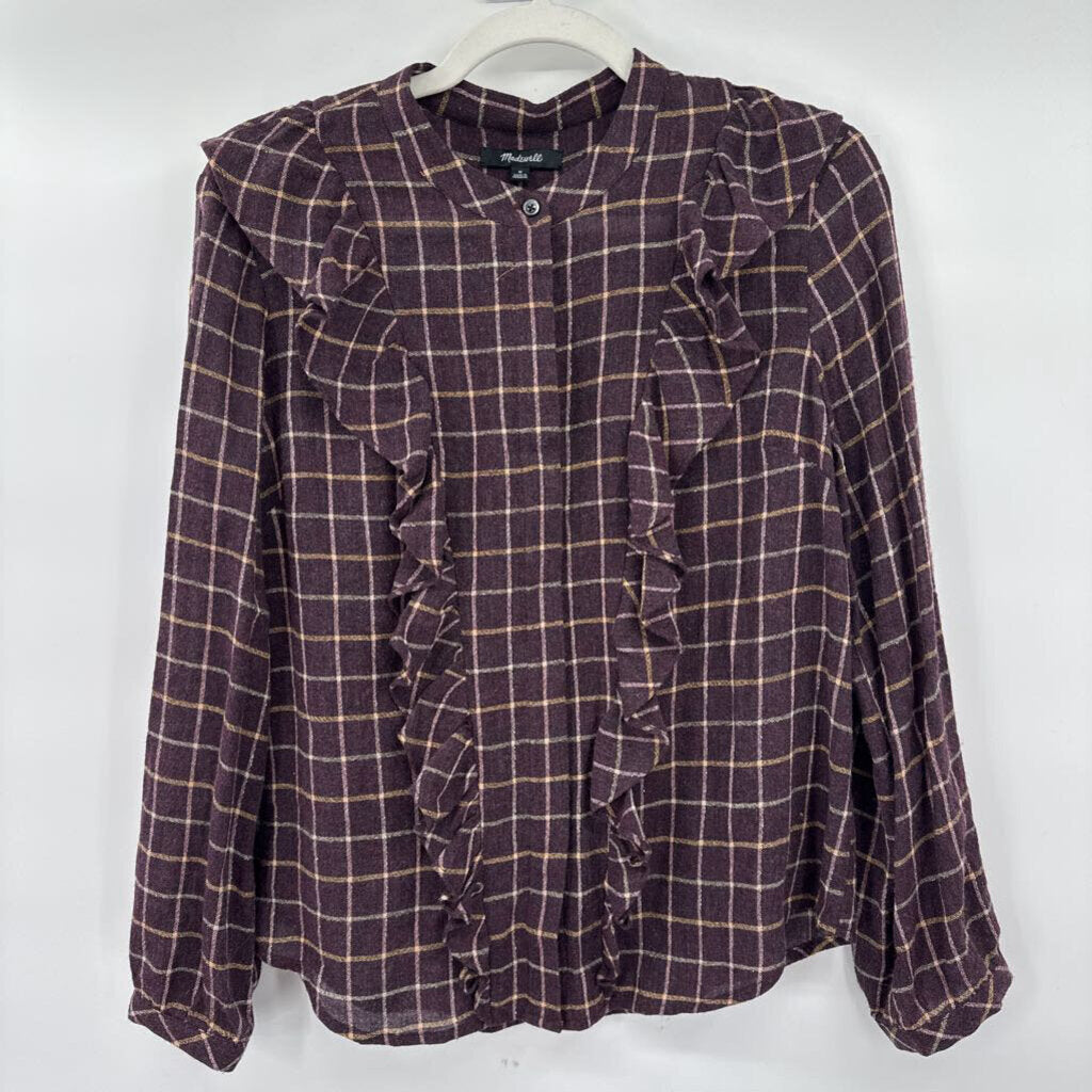women Madewell Ruffle Plaid Purple Woven Top S