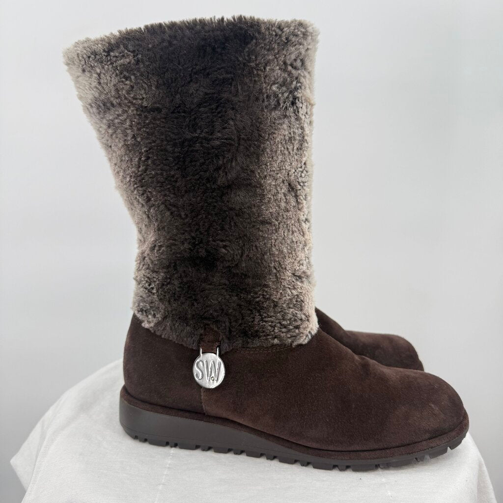 women Stuart Weitzman Faux Fur Lined Suede Mid Calf Winter Boot Dark Brown Shoes 6