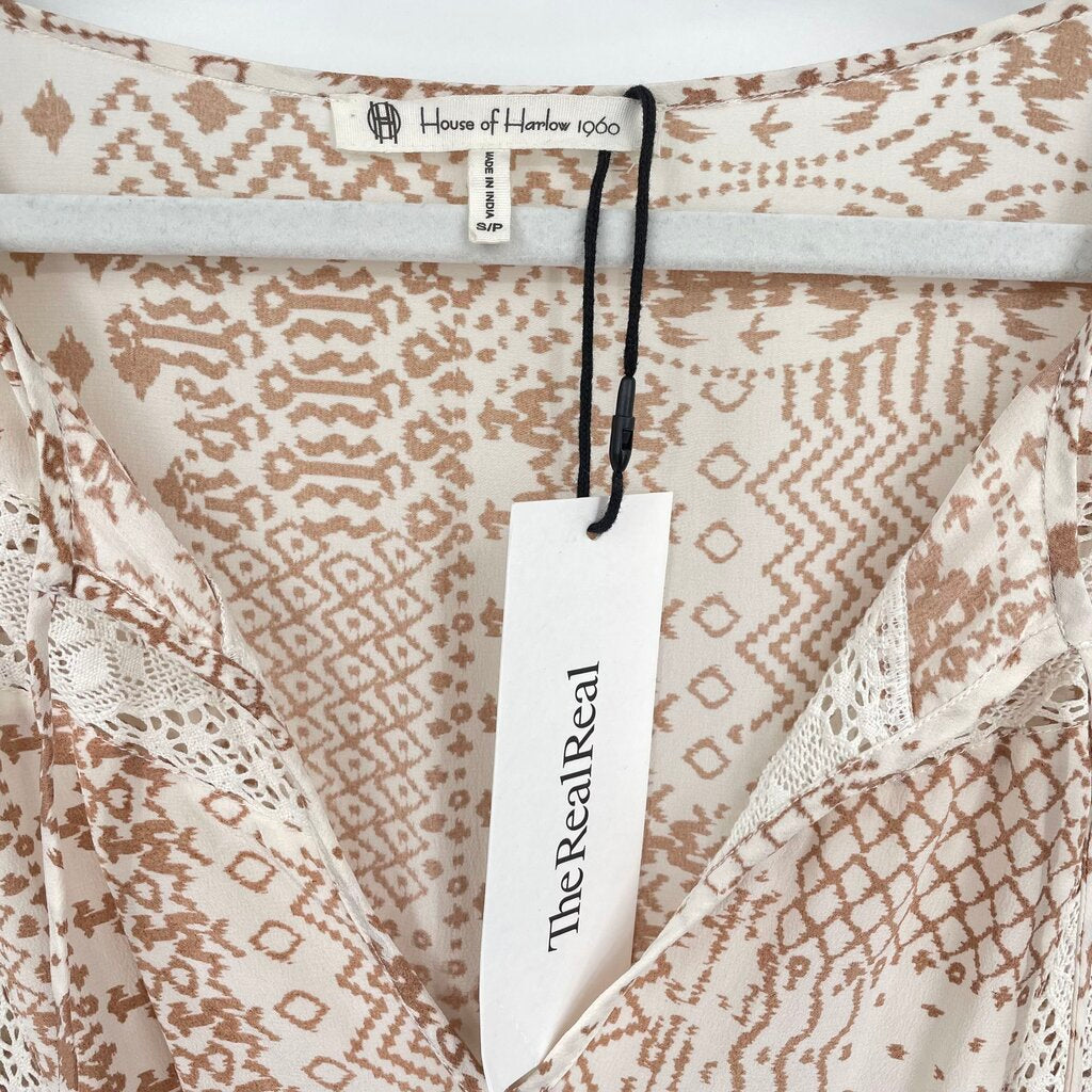 women House of Harlow 1960 Patterned Silk Blend Boho Midi Tan & White Dress S