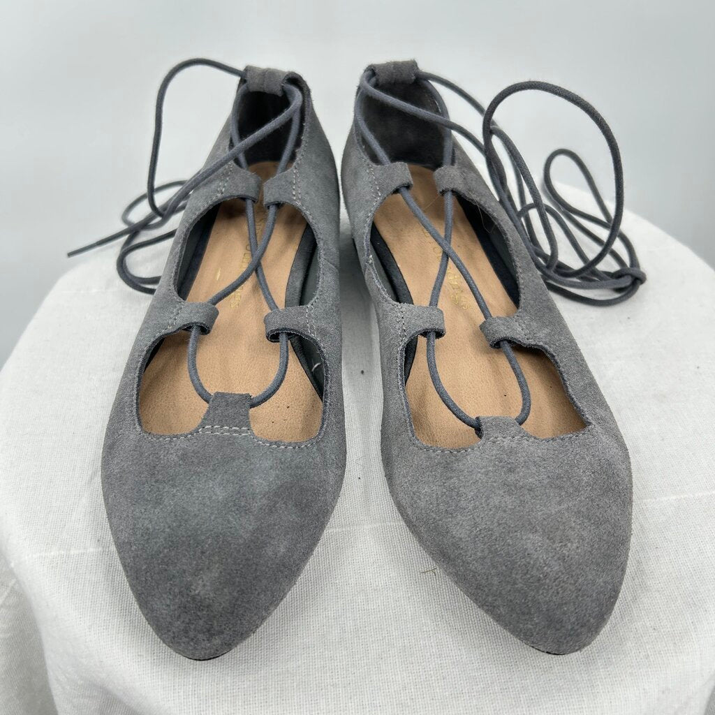 women Soft Surroundings Anna Lace Up Suede Ballet Flats Gray Shoes 7.5