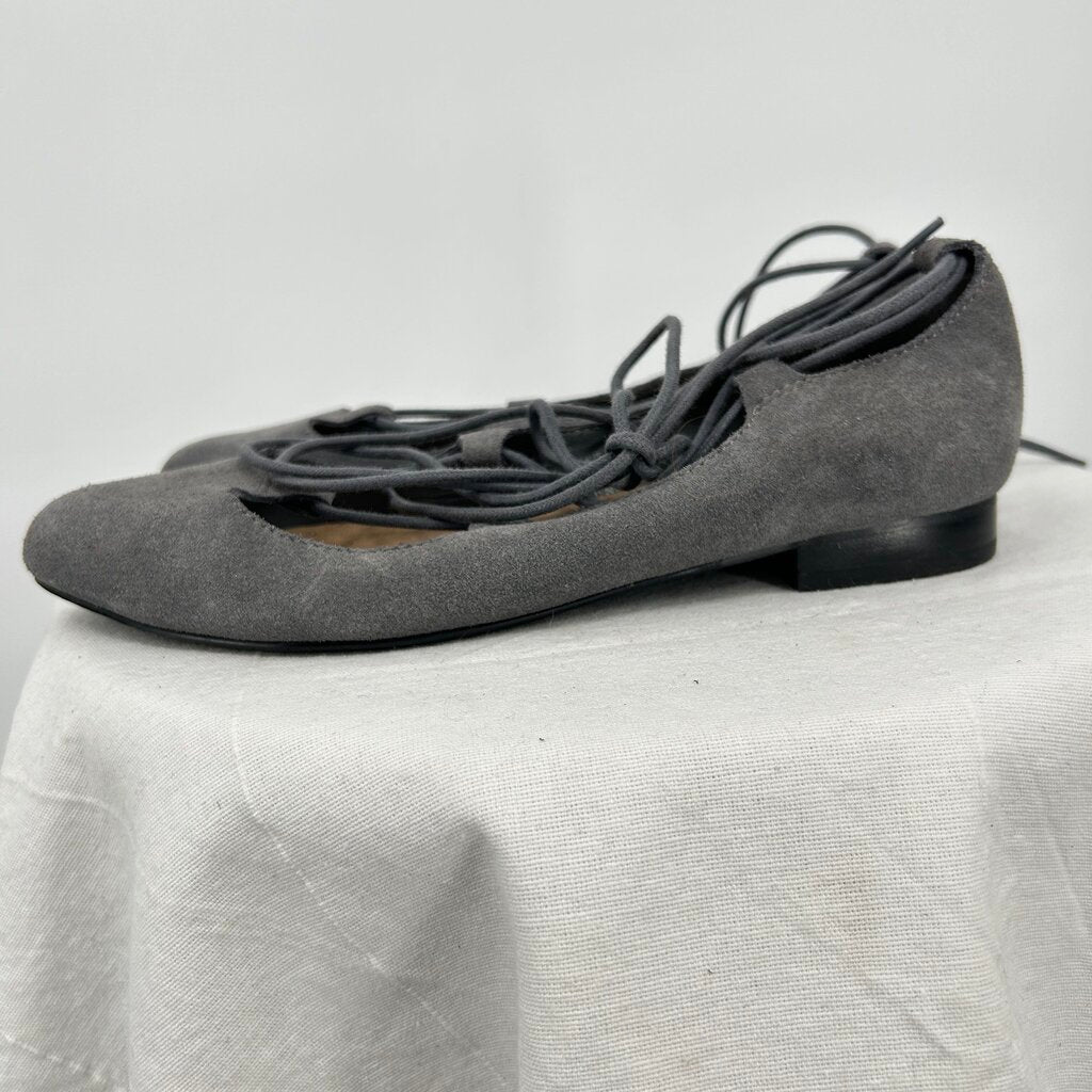 women Soft Surroundings Anna Lace Up Suede Ballet Flats Gray Shoes 7.5
