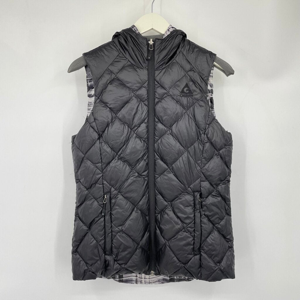 women Gerry Reversible Down Hooded Puffer Vest Gray Jacket L