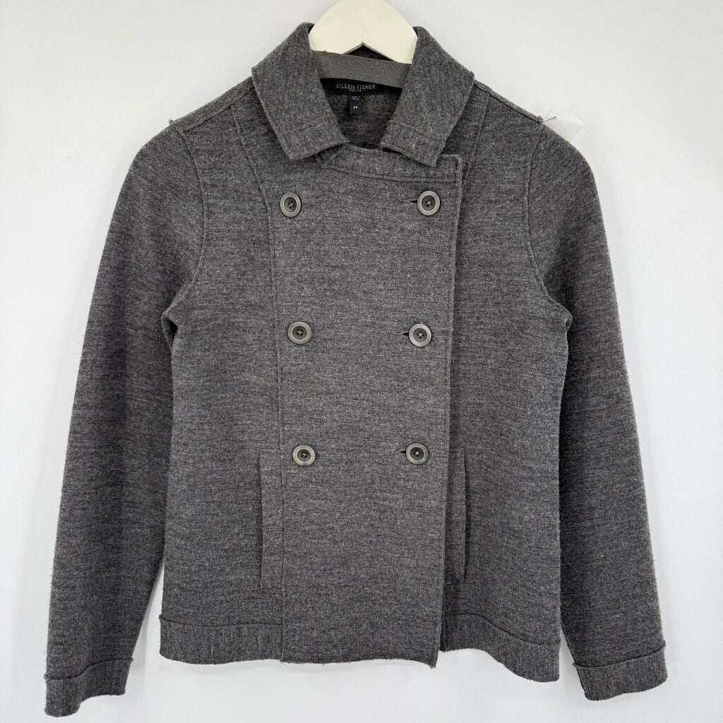 women Eileen Fisher Knit Double Breasted Merino Gray Jacket SP