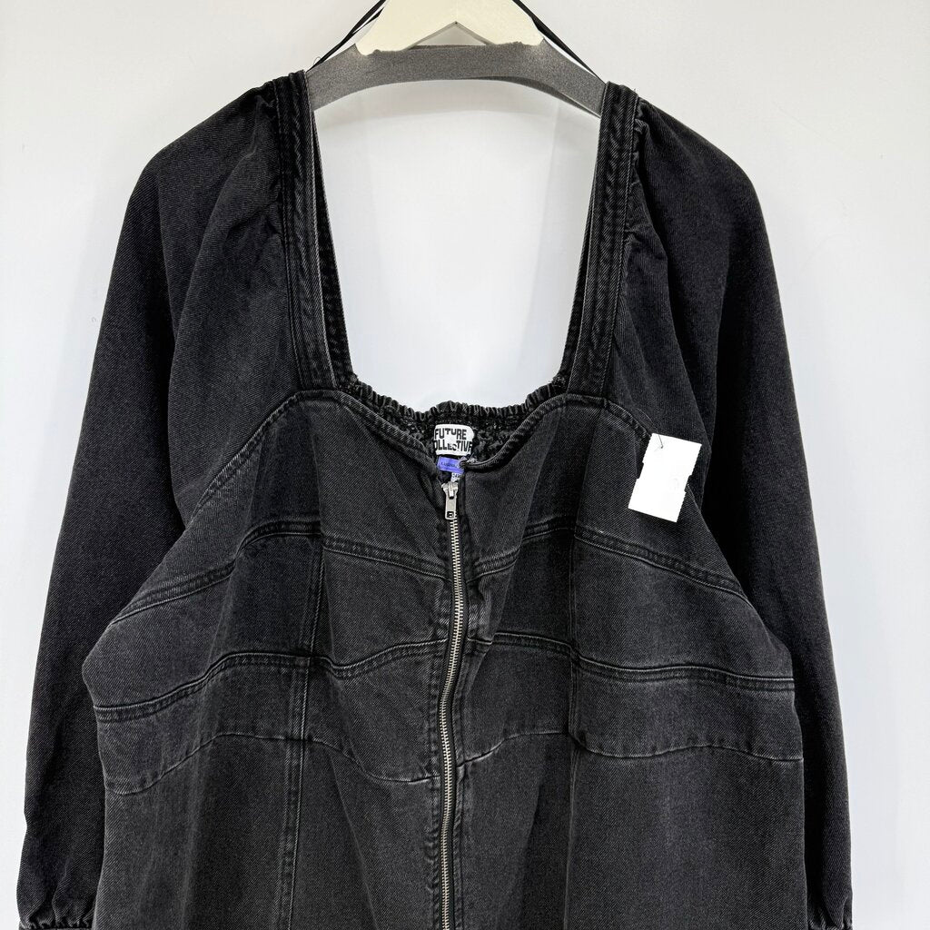 women Future Collective NWOT Denim Full Zip Midi Aged Black Dress 24/26