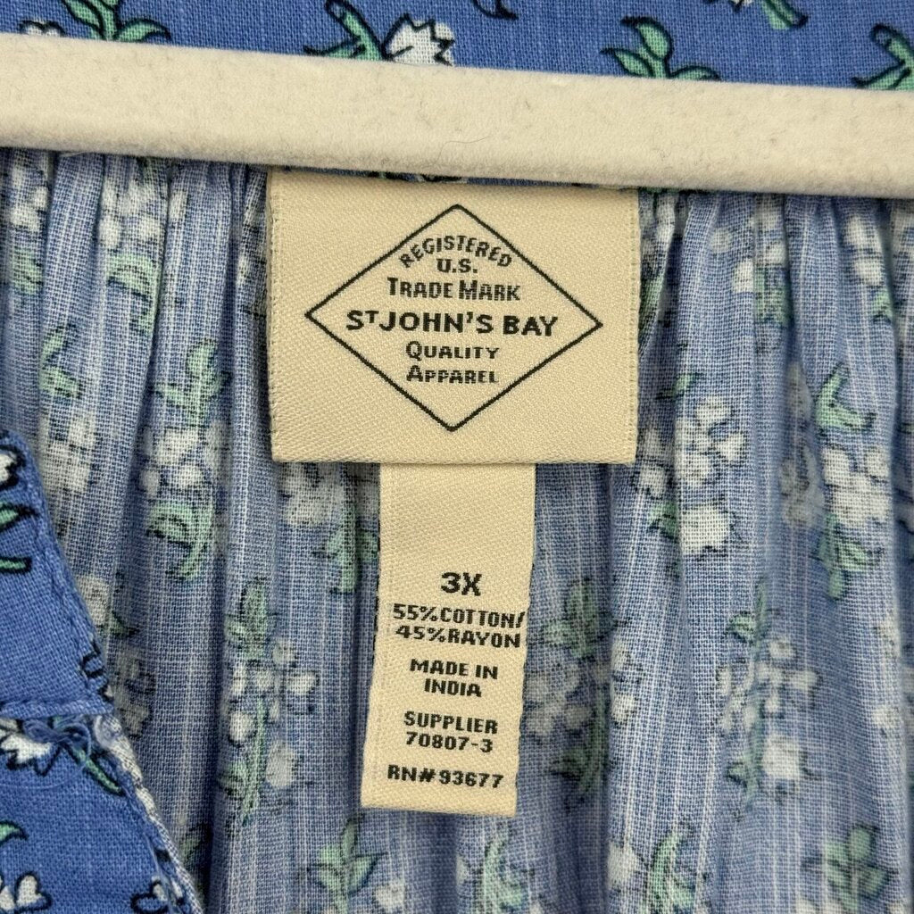 women St John's Bay NWT Floral Cotton Blend Blue White Green Woven Top 3X