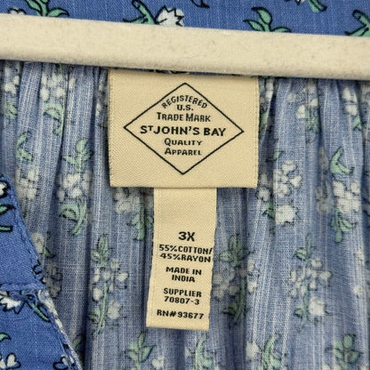 women St John's Bay NWT Floral Cotton Blend Blue White Green Woven Top 3X