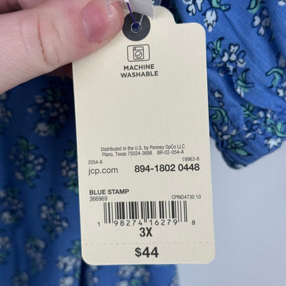 women St John's Bay NWT Floral Cotton Blend Blue White Green Woven Top 3X