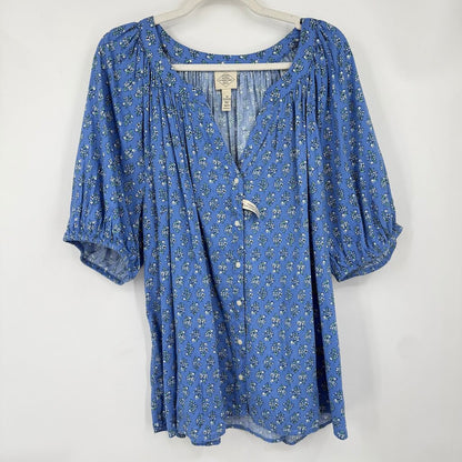 women St John's Bay NWT Floral Cotton Blend Blue White Green Woven Top 3X