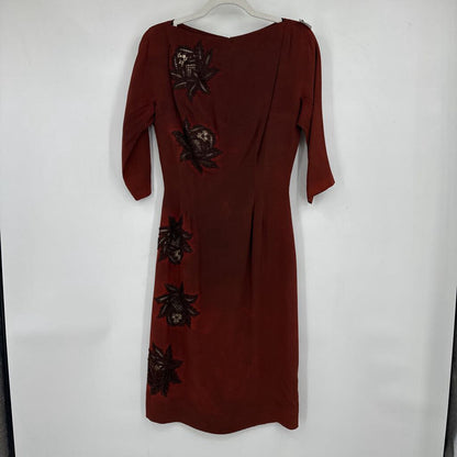 women Jack Stern Lace Applique Dress AS IS KICK PLEAT Rust Vintage XS