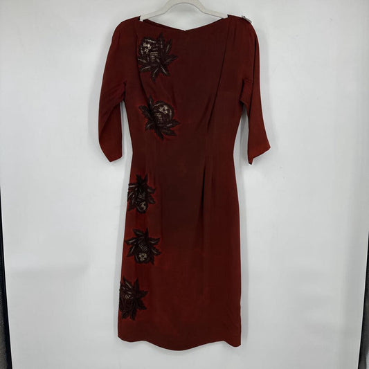 women Jack Stern Lace Applique Dress AS IS KICK PLEAT Rust Vintage XS