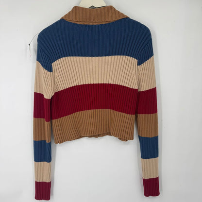 women en saison - Anthro Striped Cotton Cardigan Red Blue Brown Cream Sweater L