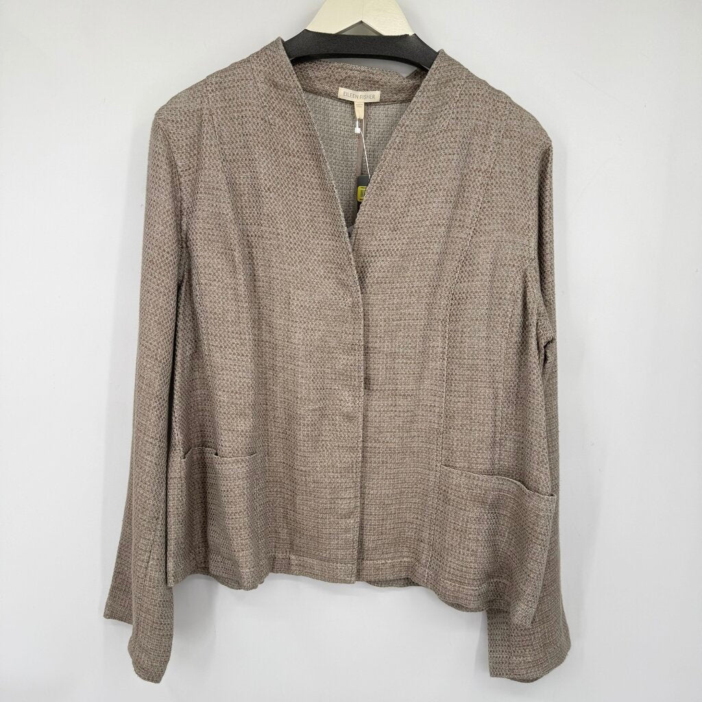 women Eileen Fisher NWT Stand Collar Org Linen/Cotton Taupe Jacket L