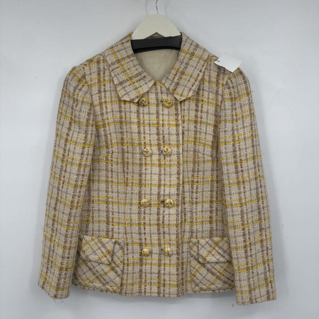 women Hanbury Ltd Plaid Tweed Jacket Cream Yellow Brown Vintage 4P
