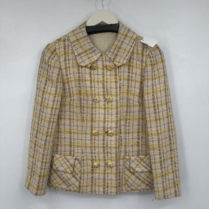 women Hanbury Ltd Plaid Tweed Jacket Cream Yellow Brown Vintage 4P