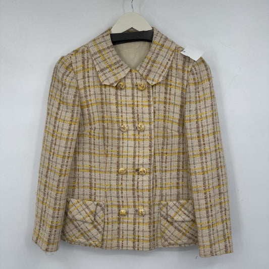 women Hanbury Ltd Plaid Tweed Jacket Cream Yellow Brown Vintage 4P