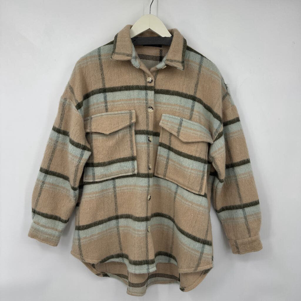 women Ella Blue Plaid Shacket Tan Jacket S/M