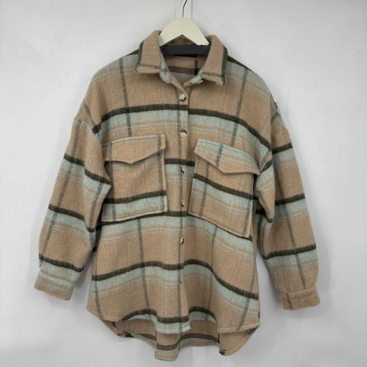 women Ella Blue Plaid Shacket Tan Jacket S/M
