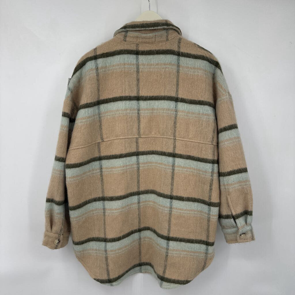 women Ella Blue Plaid Shacket Tan Jacket S/M