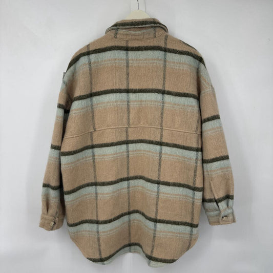 women Ella Blue Plaid Shacket Tan Jacket S/M