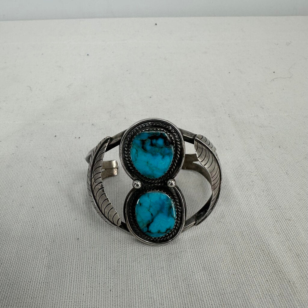 women Old Pawn Signed Split Shank Turquoise Cuff Silver Turquoise Jewelry