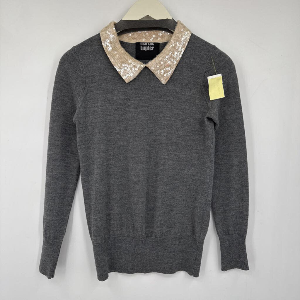 women Markus Lupfer Sequined Collar Merino Wool Gray Cream Sweater XS