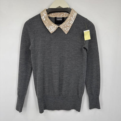 women Markus Lupfer Sequined Collar Merino Wool Gray Cream Sweater XS