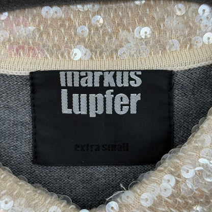 women Markus Lupfer Sequined Collar Merino Wool Gray Cream Sweater XS