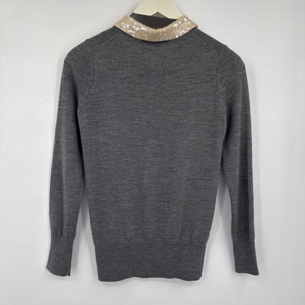 women Markus Lupfer Sequined Collar Merino Wool Gray Cream Sweater XS