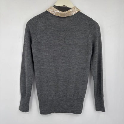 women Markus Lupfer Sequined Collar Merino Wool Gray Cream Sweater XS