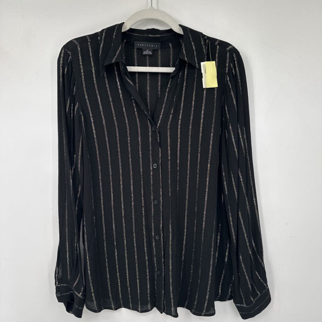women Sanctuary Metallic Stripe Button Front Black Gold Silver Woven Top XS