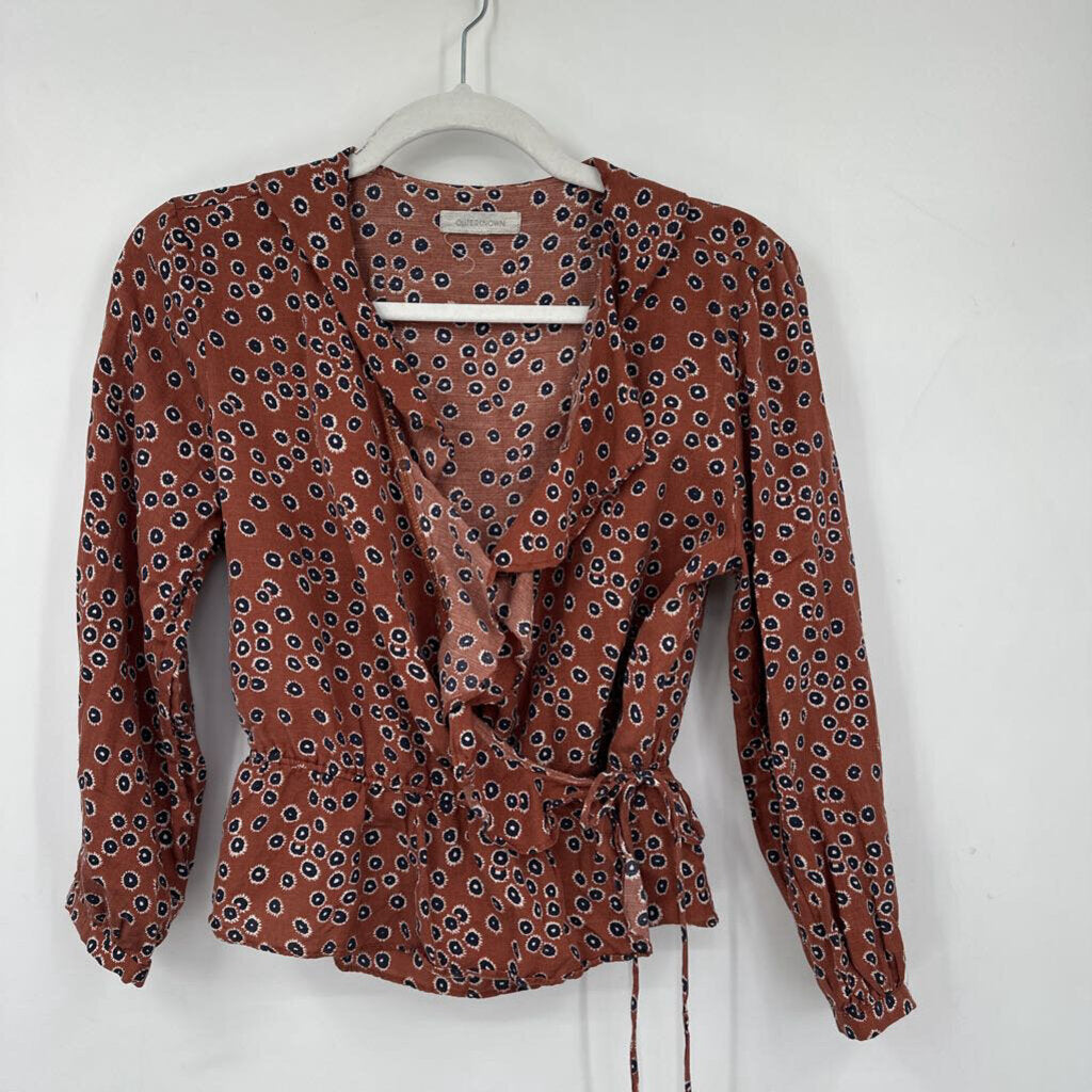 women Outerknown Rhiannon Tie Wrap Top Burnt Sienna Navy Blue Woven Top M