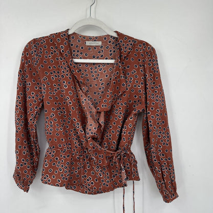 women Outerknown Rhiannon Tie Wrap Top Burnt Sienna Navy Blue Woven Top M