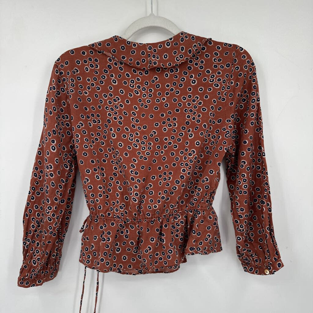 women Outerknown Rhiannon Tie Wrap Top Burnt Sienna Navy Blue Woven Top M