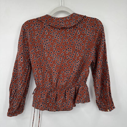 women Outerknown Rhiannon Tie Wrap Top Burnt Sienna Navy Blue Woven Top M