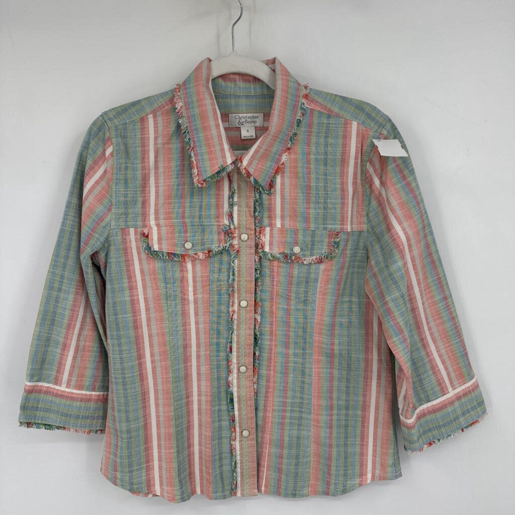 women Christopher & Banks Snap Button Striped Fringed Multi Woven Top S