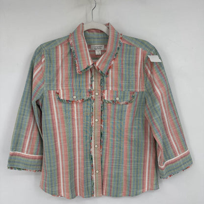 women Christopher & Banks Snap Button Striped Fringed Multi Woven Top S