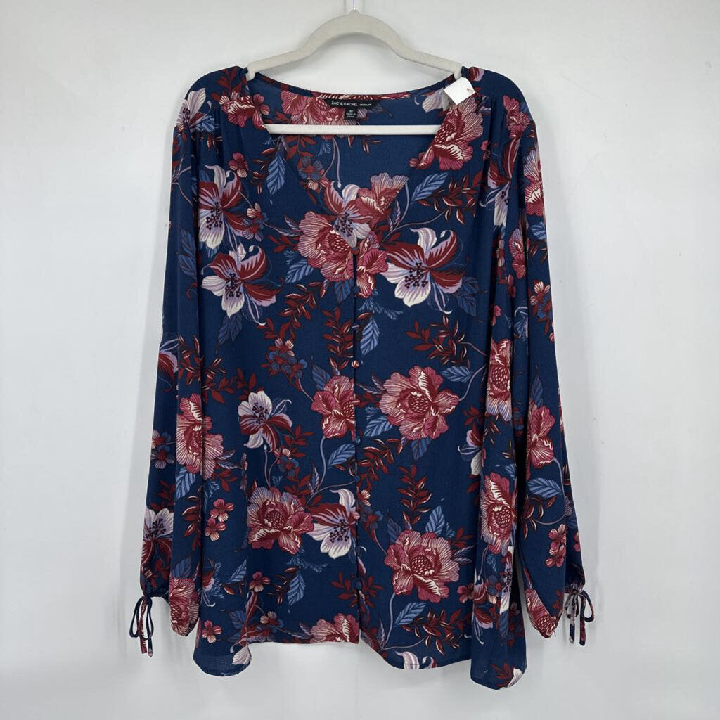 women Zac & Rachel Floral Tie Sleeve Blouse Navy Blue Purple Rust Woven Top 3X