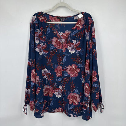 women Zac & Rachel Floral Tie Sleeve Blouse Navy Blue Purple Rust Woven Top 3X