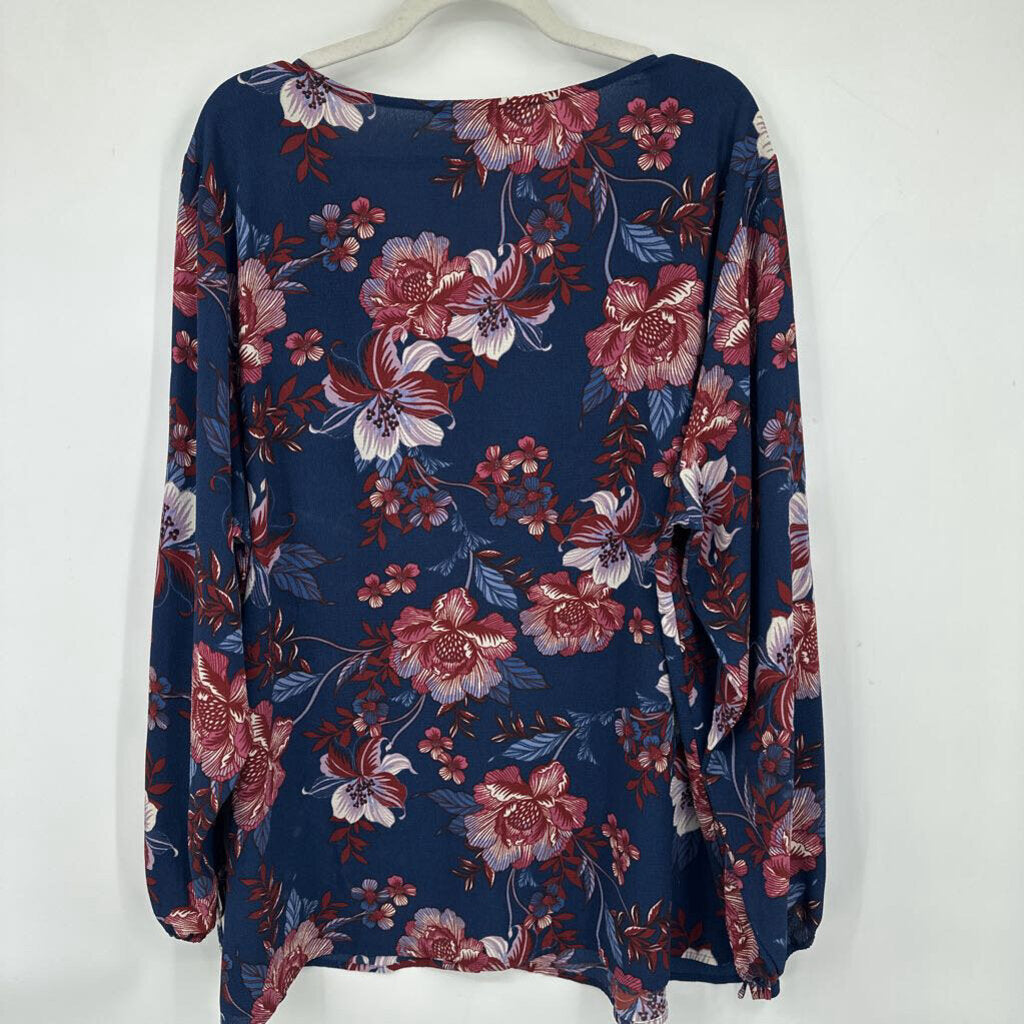 women Zac & Rachel Floral Tie Sleeve Blouse Navy Blue Purple Rust Woven Top 3X