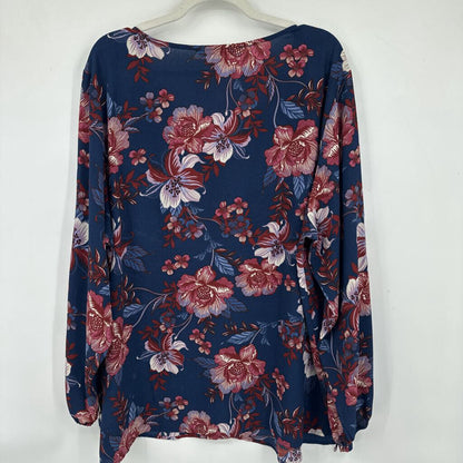 women Zac & Rachel Floral Tie Sleeve Blouse Navy Blue Purple Rust Woven Top 3X