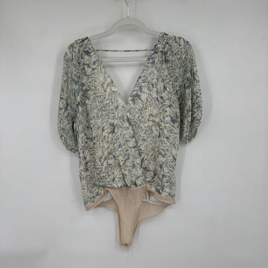 women ASTR Floral Print Body Suit Cream Woven Top L