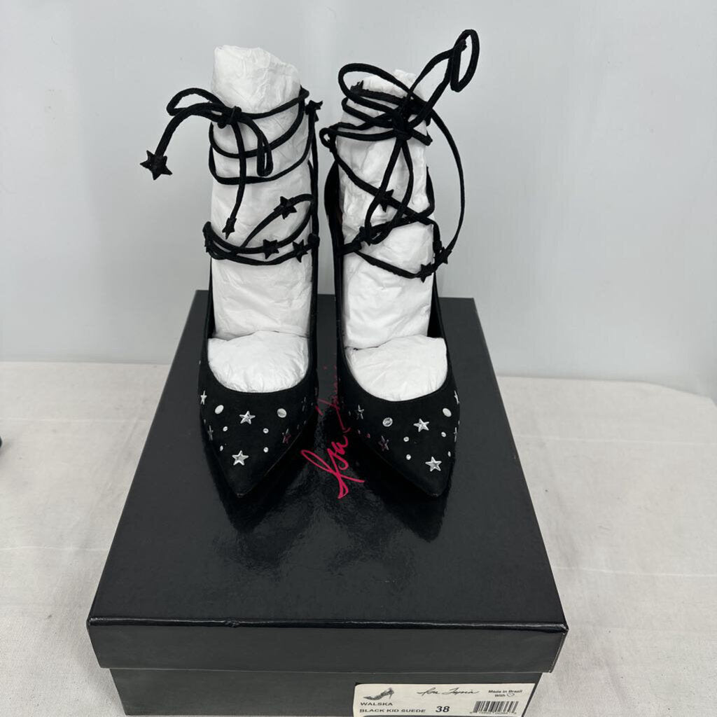 women Isa Tapia NIB Walska Suede Star-Studded Pumps Black Shoes 38/7.5