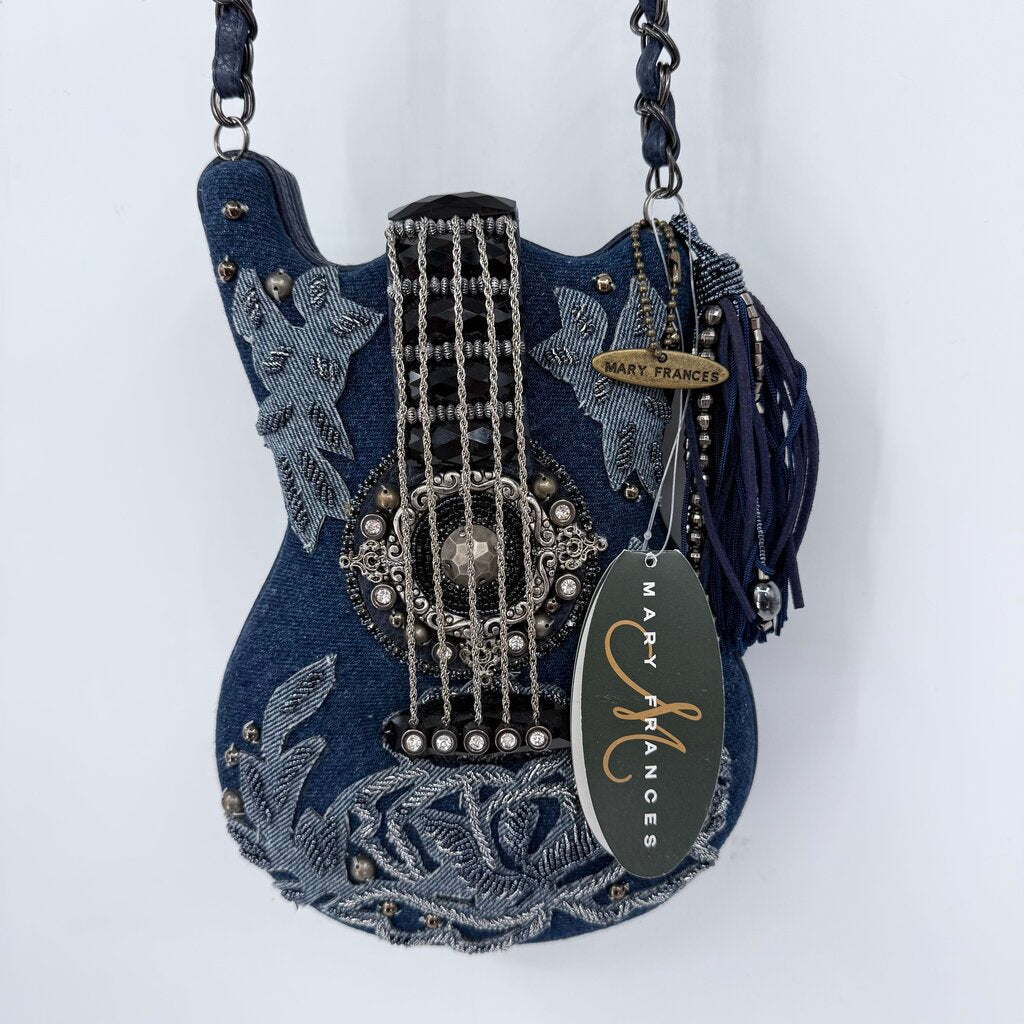 women Mary Frances NWT Metallic Melody Guitar Crossbody Bag Denim Blue Purse