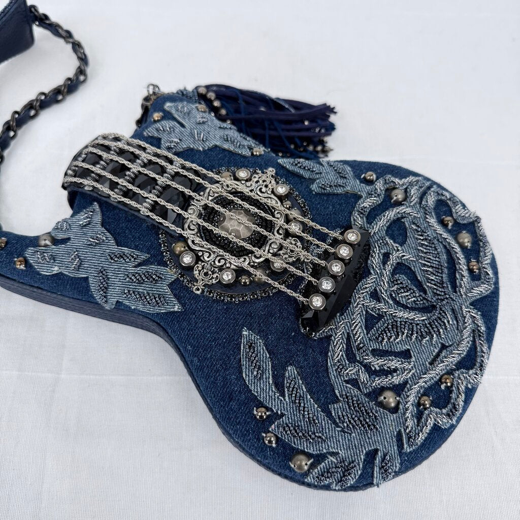 women Mary Frances NWT Metallic Melody Guitar Crossbody Bag Denim Blue Purse