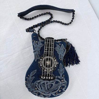 women Mary Frances NWT Metallic Melody Guitar Crossbody Bag Denim Blue Purse