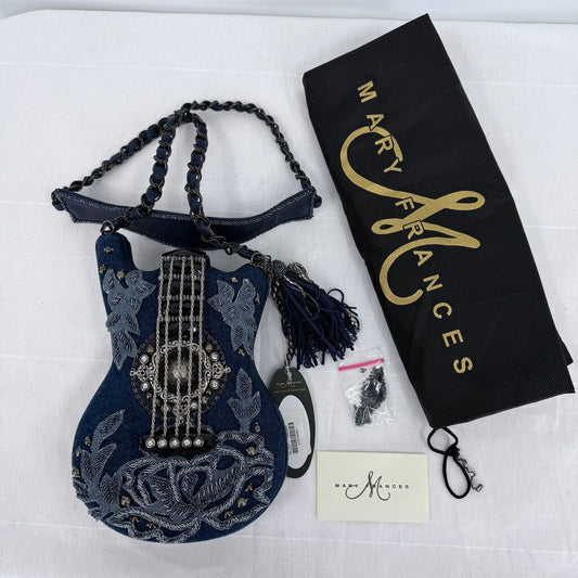 women Mary Frances NWT Metallic Melody Guitar Crossbody Bag Denim Blue Purse
