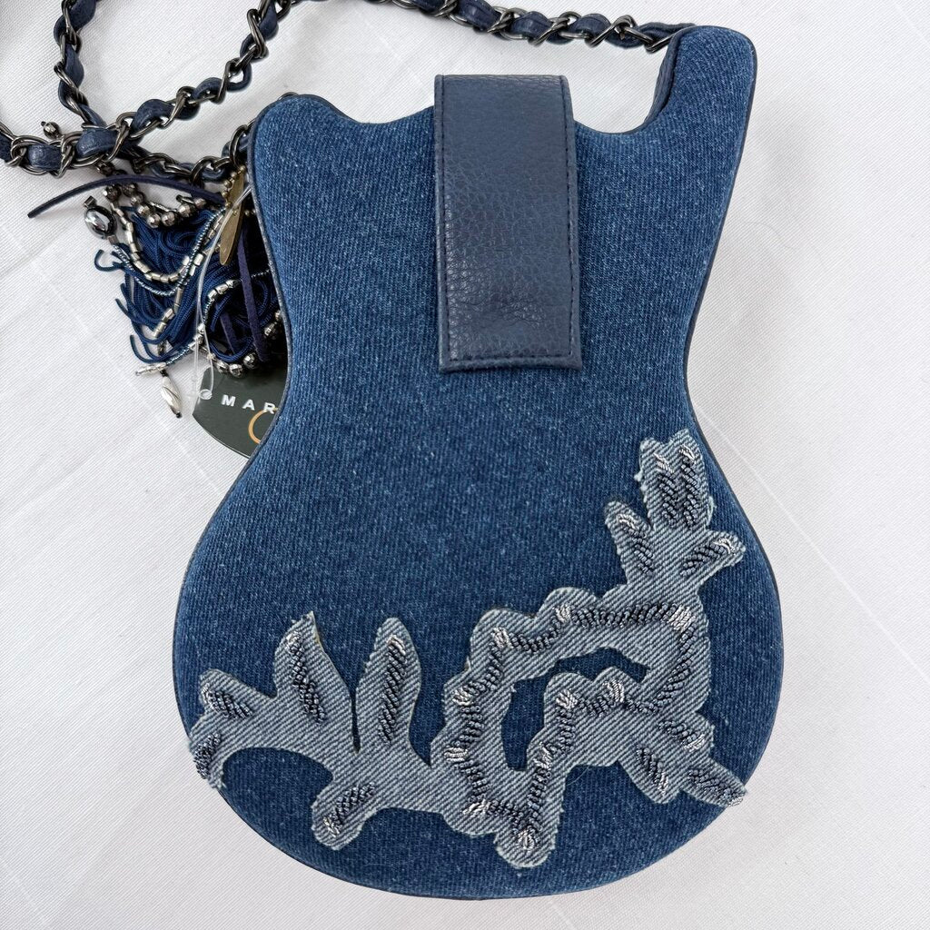 women Mary Frances NWT Metallic Melody Guitar Crossbody Bag Denim Blue Purse